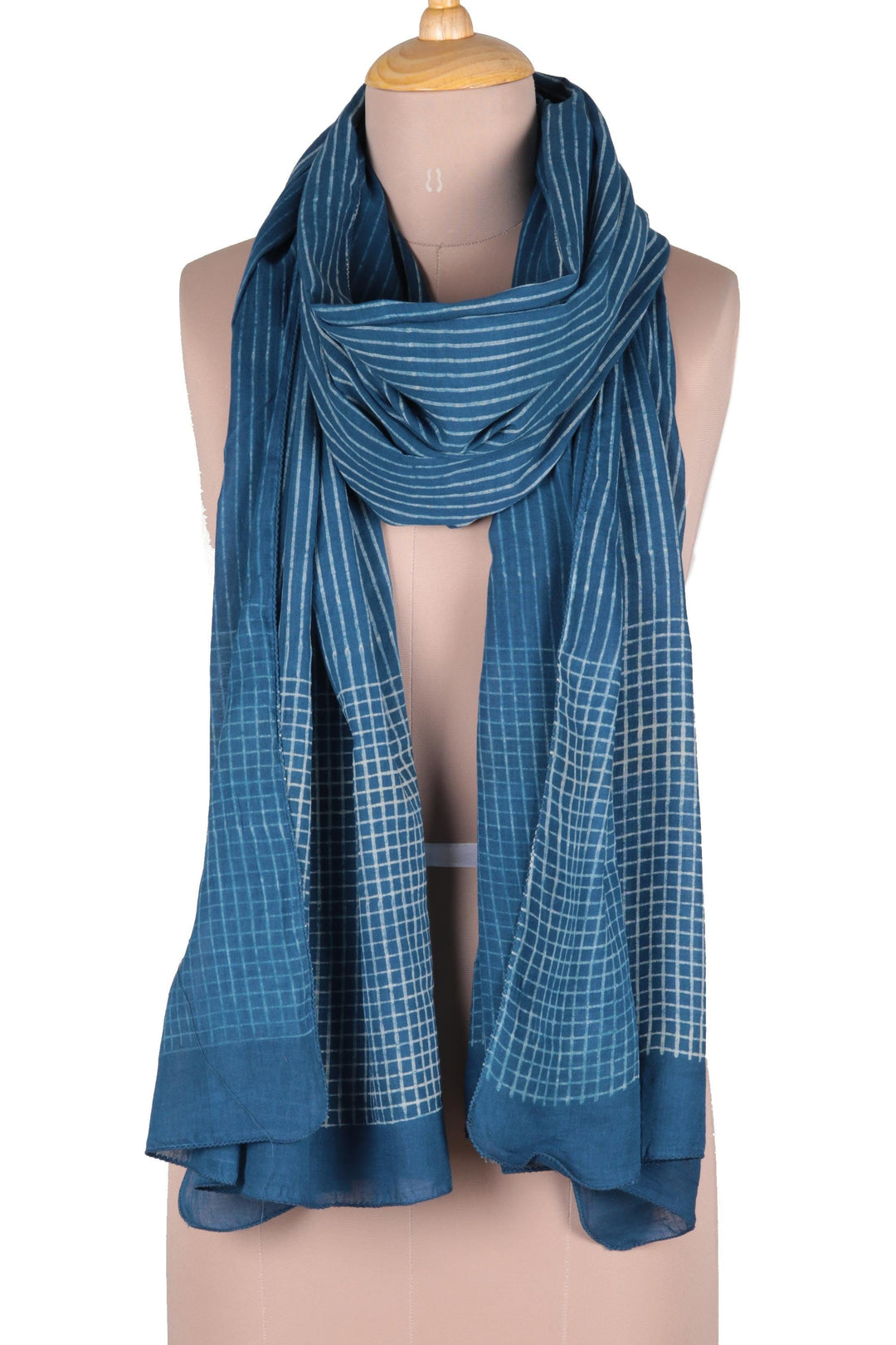 Striped Block-Printed Cotton Shawl in Indigo from India - Indigo Stripes