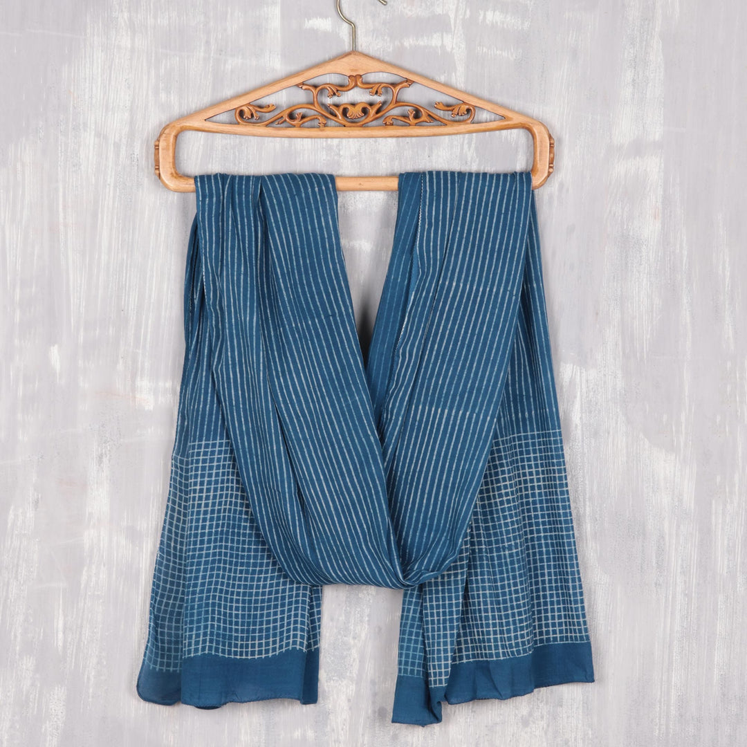 Striped Block-Printed Cotton Shawl in Indigo from India - Indigo Stripes