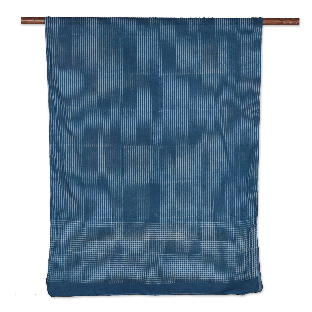 Striped Block-Printed Cotton Shawl in Indigo from India - Indigo Stripes