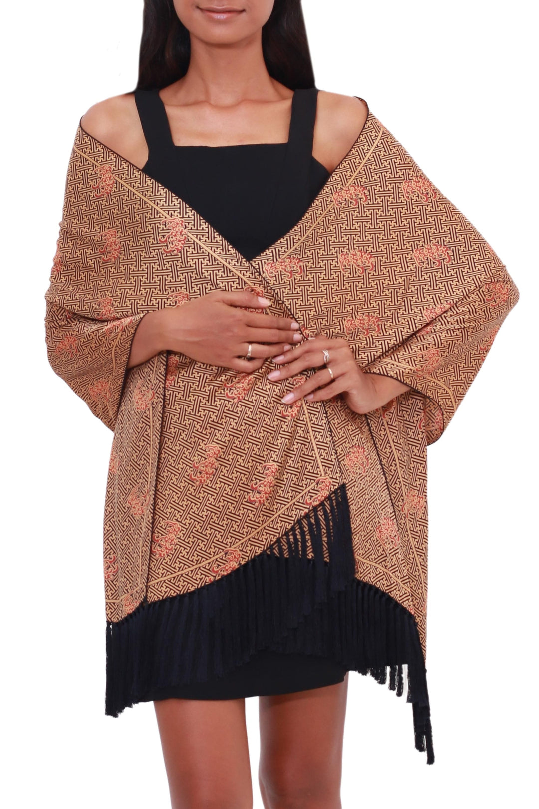 Russet and Buff Batik Silk Shawl from Bali - Land of Bali