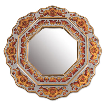 Orange Floral Reverse-Painted Glass Wall Mirror - Colonial Star