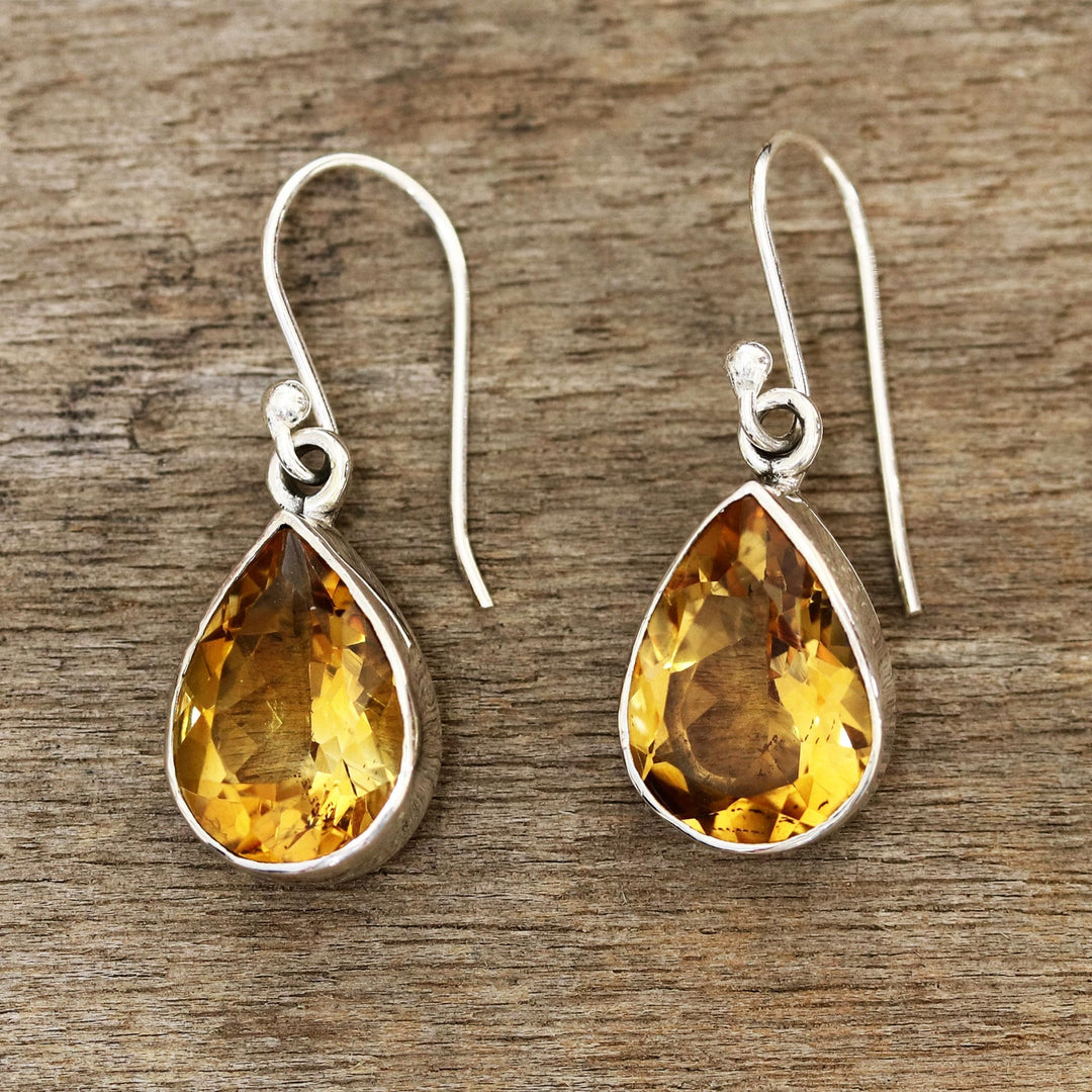 9-Carat Teardrop Citrine Dangle Earrings from India - Yellow Glimmer