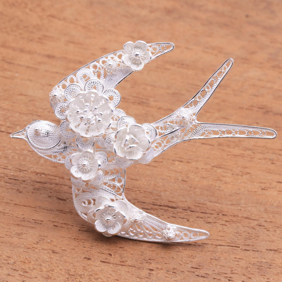 Sterling Silver Filigree Swallow Brooch from Java - Intricate Swallow