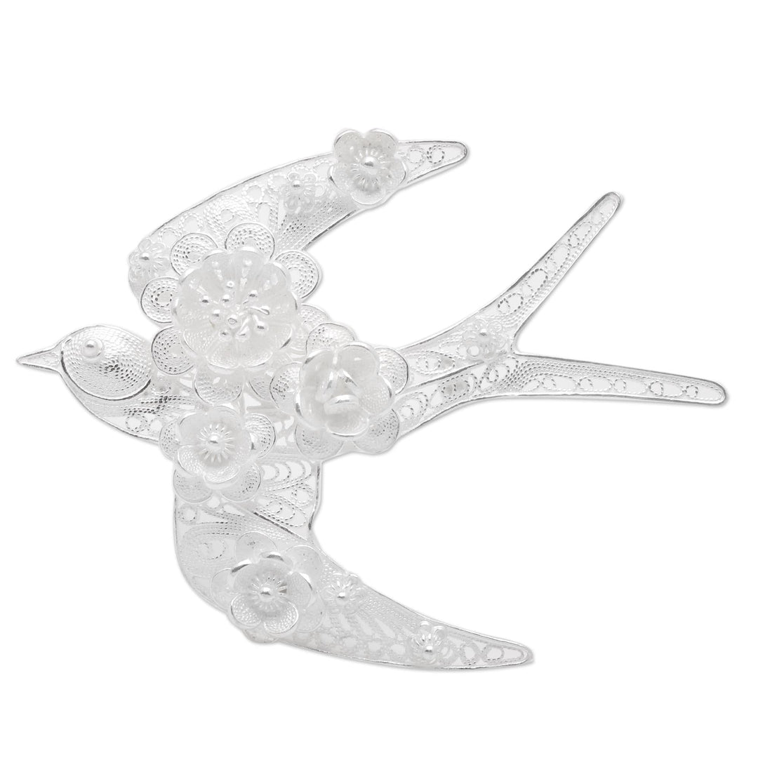 Sterling Silver Filigree Swallow Brooch from Java - Intricate Swallow