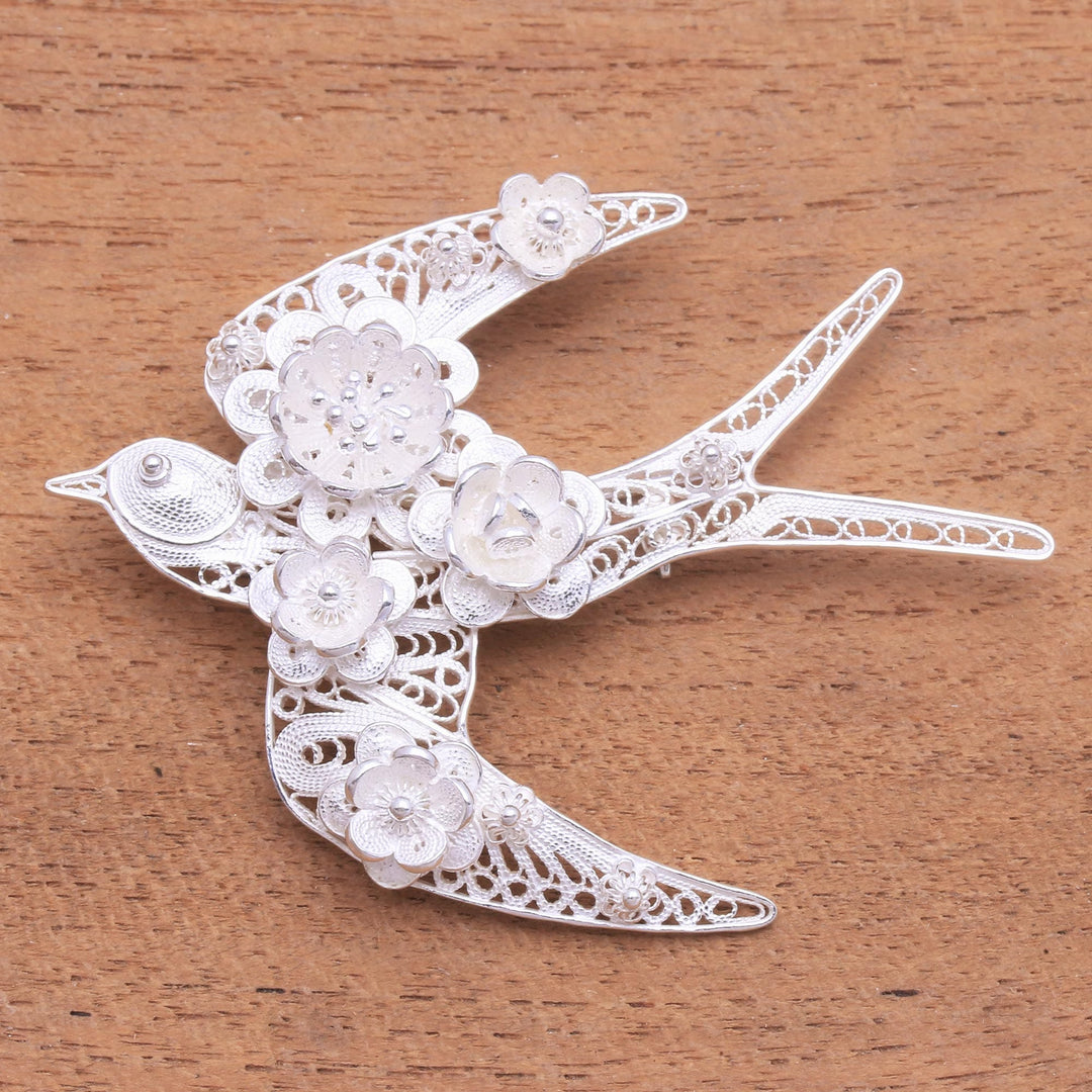 Sterling Silver Filigree Swallow Brooch from Java - Intricate Swallow
