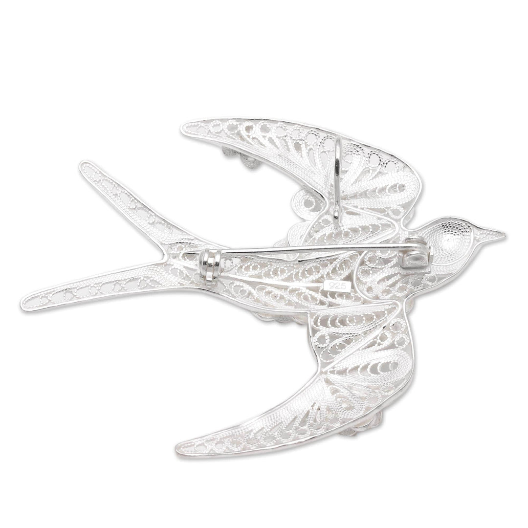 Sterling Silver Filigree Swallow Brooch from Java - Intricate Swallow