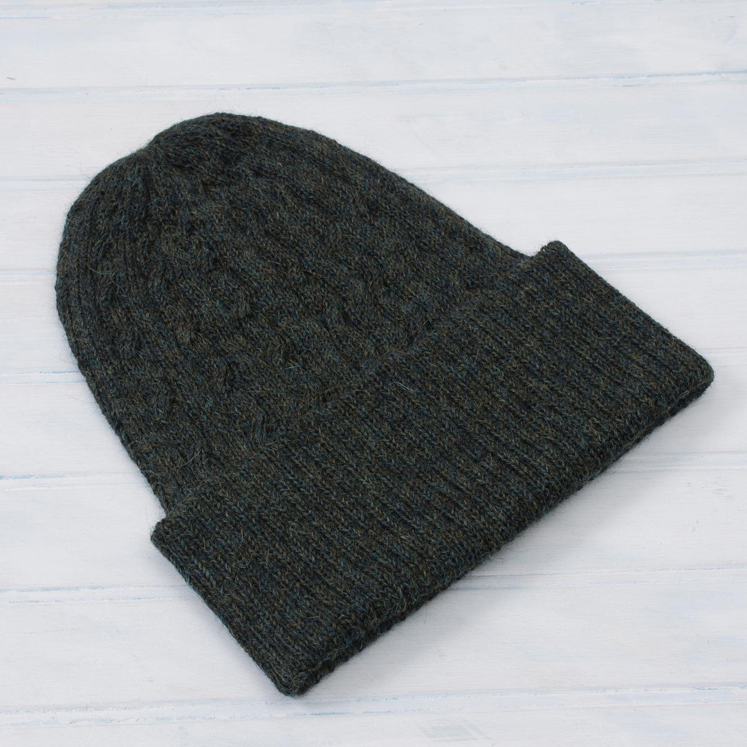 Cable-Knit 100% Alpaca Hat in Moss from Peru - Moss Braid Cascade