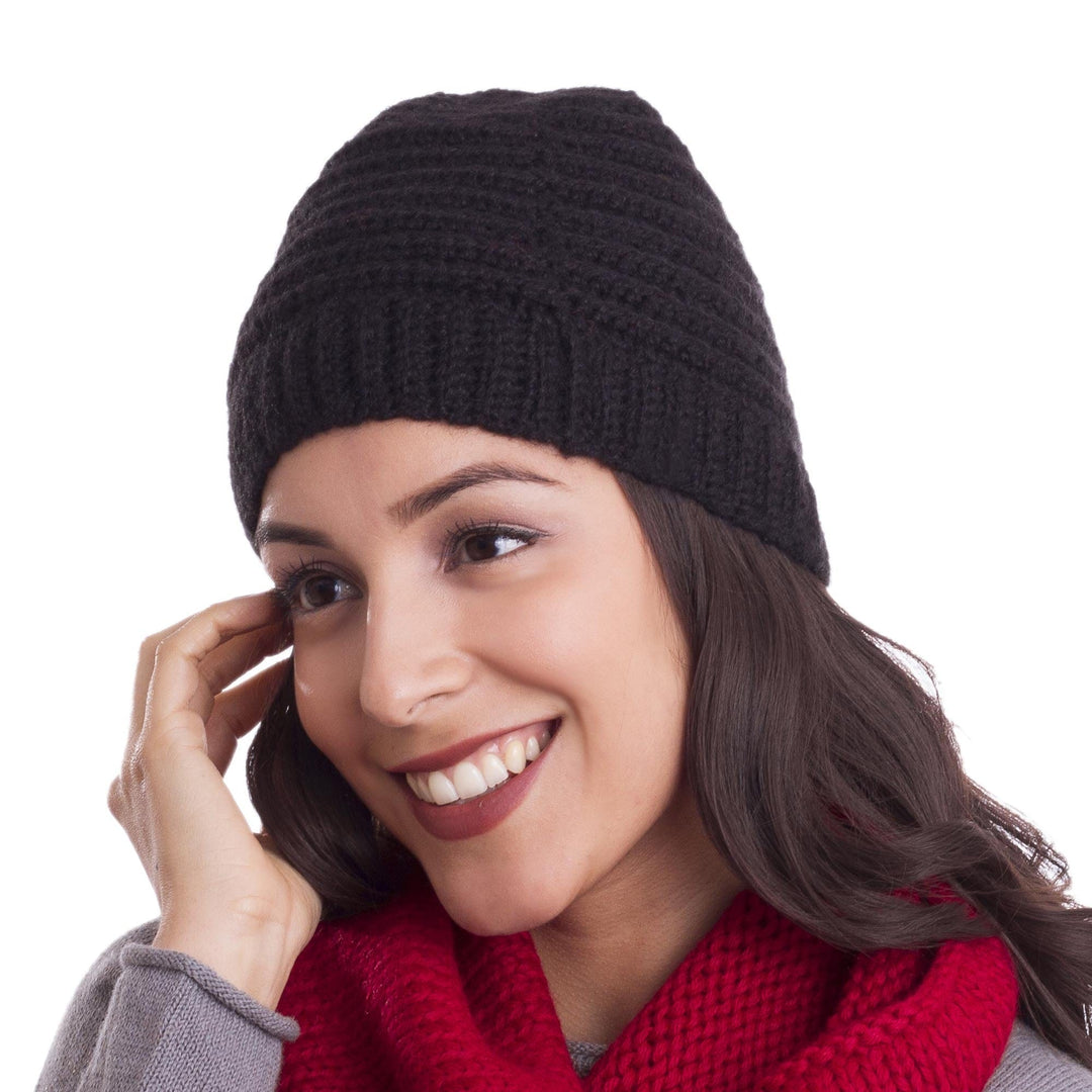 Ribbed Hand-Crocheted Alpaca Blend Hat in Black from Peru - Chic Pattern
