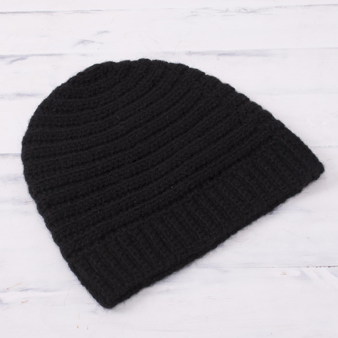 Ribbed Hand-Crocheted Alpaca Blend Hat in Black from Peru - Chic Pattern