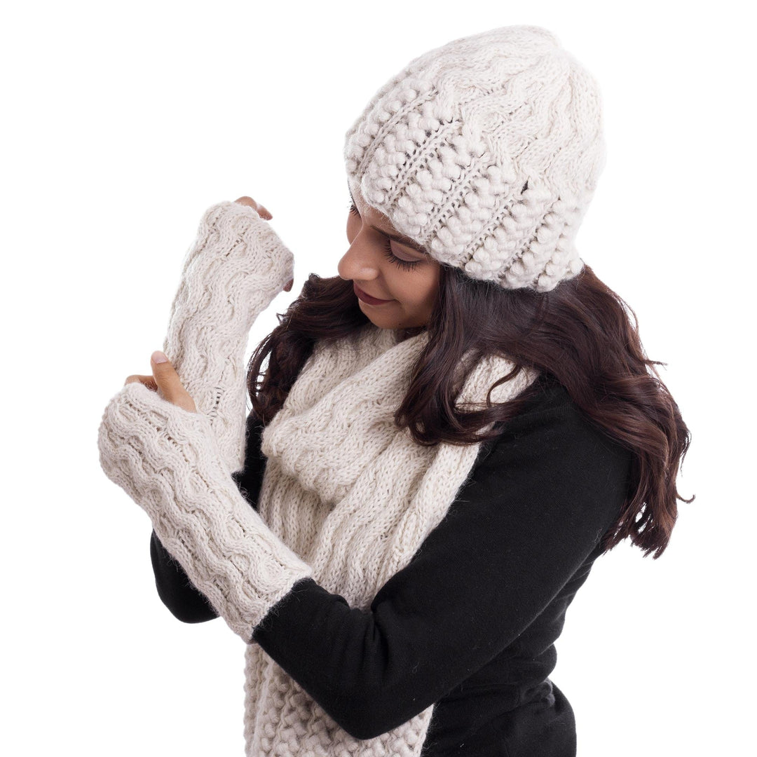 Hand-Knit Wave Pattern 100% Alpaca Fingerless Mitts - Wavy Winter