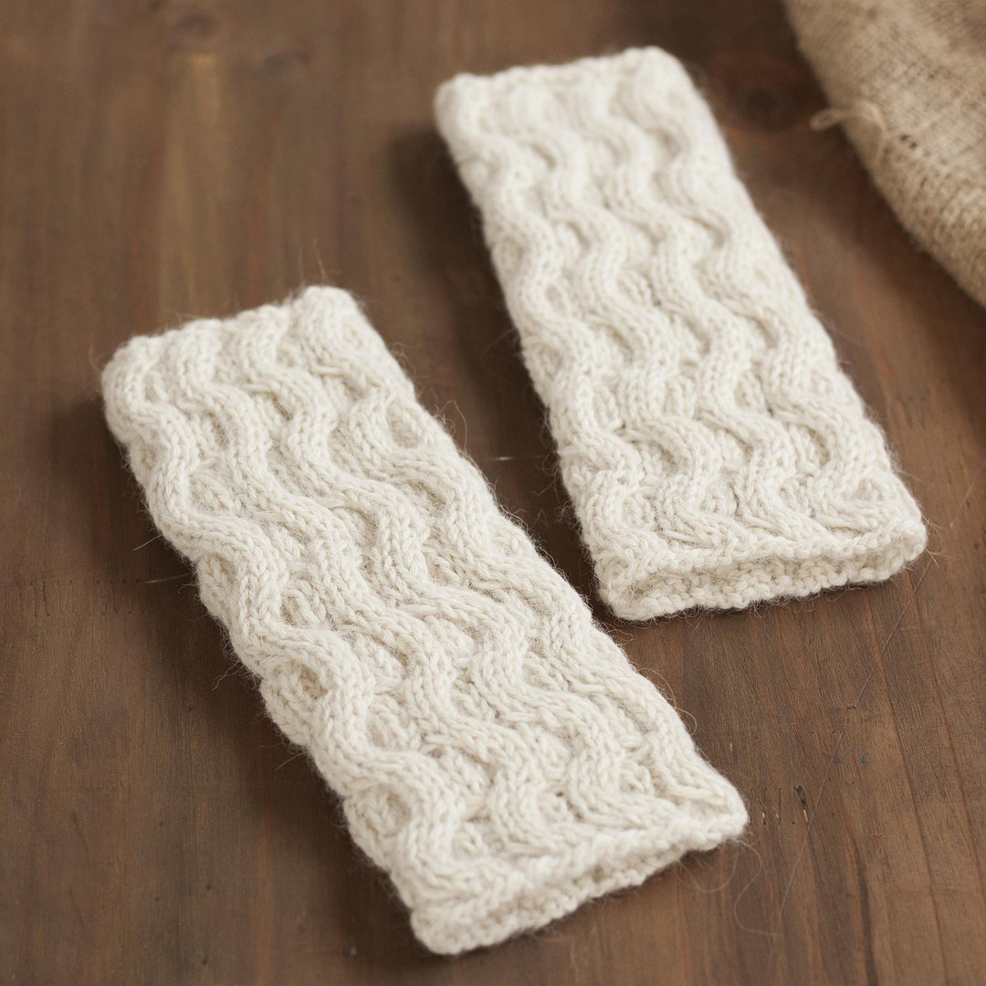 Hand-Knit Wave Pattern 100% Alpaca Fingerless Mitts - Wavy Winter