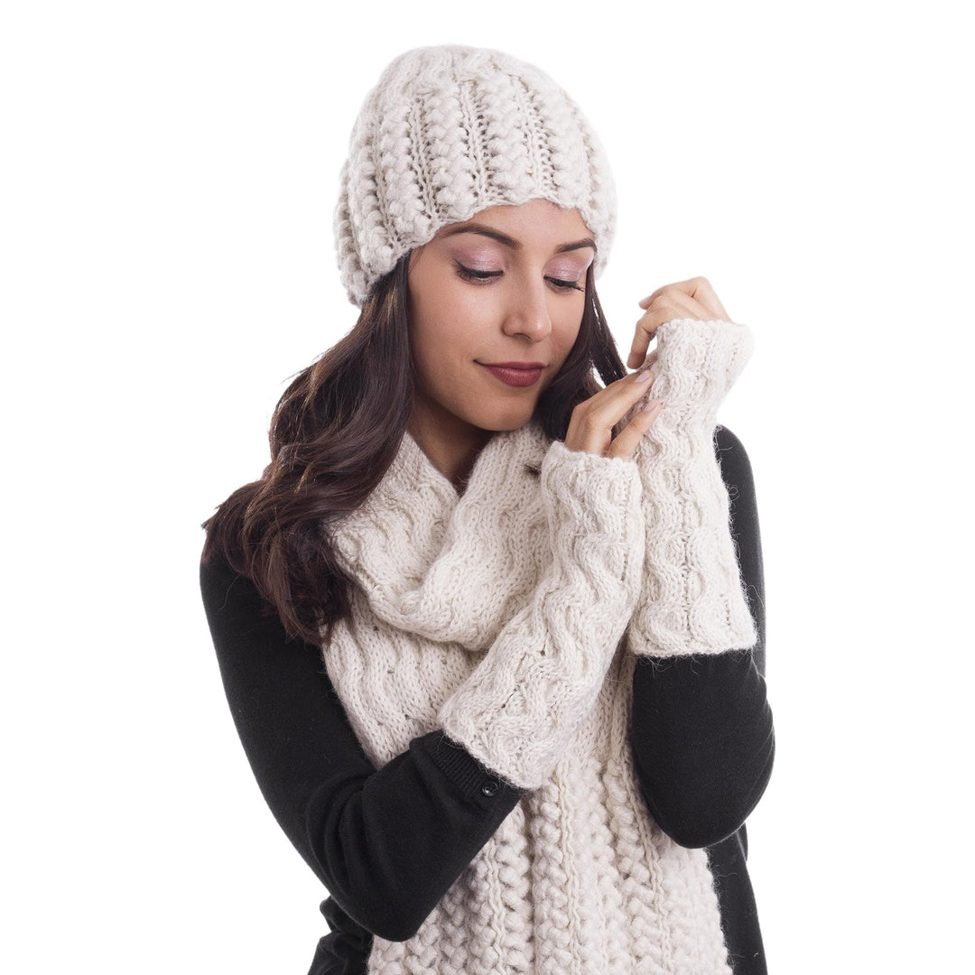 Hand-Knit Wave Pattern 100% Alpaca Fingerless Mitts - Wavy Winter