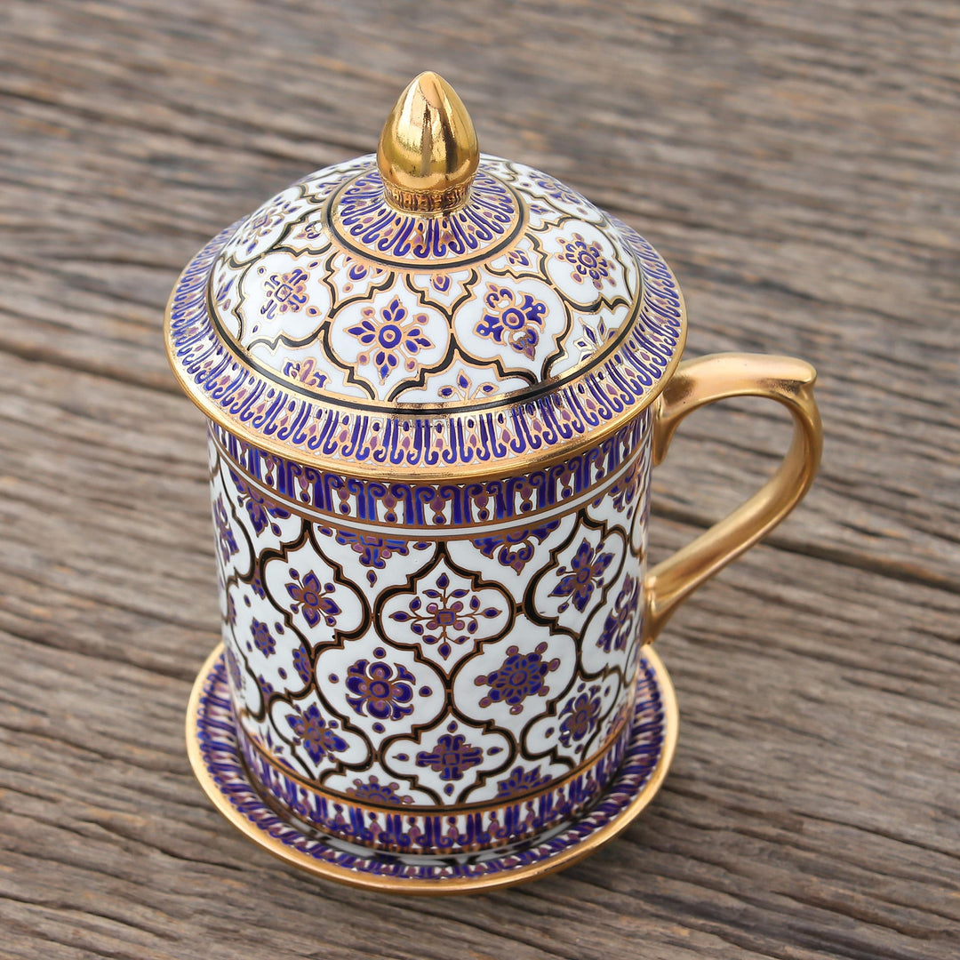 Lidded Benjarong Porcelain Gilded Mug and Saucer - Thai Majesty