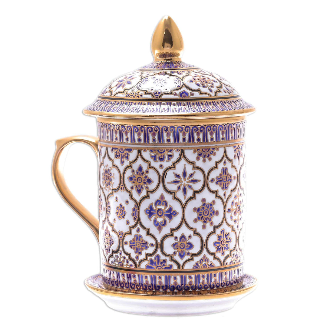 Lidded Benjarong Porcelain Gilded Mug and Saucer - Thai Majesty