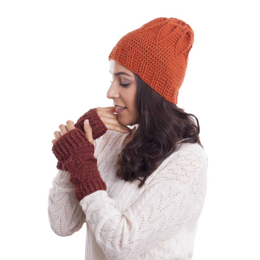 Hand-Crocheted 100% Alpaca Fingerless Mitts in Russet - Russet Dream