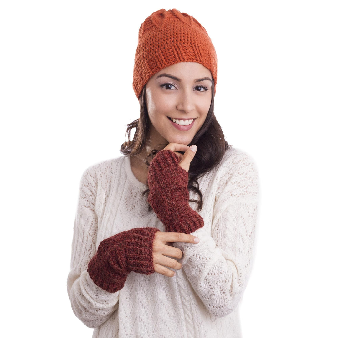 Hand-Crocheted 100% Alpaca Fingerless Mitts in Russet - Russet Dream