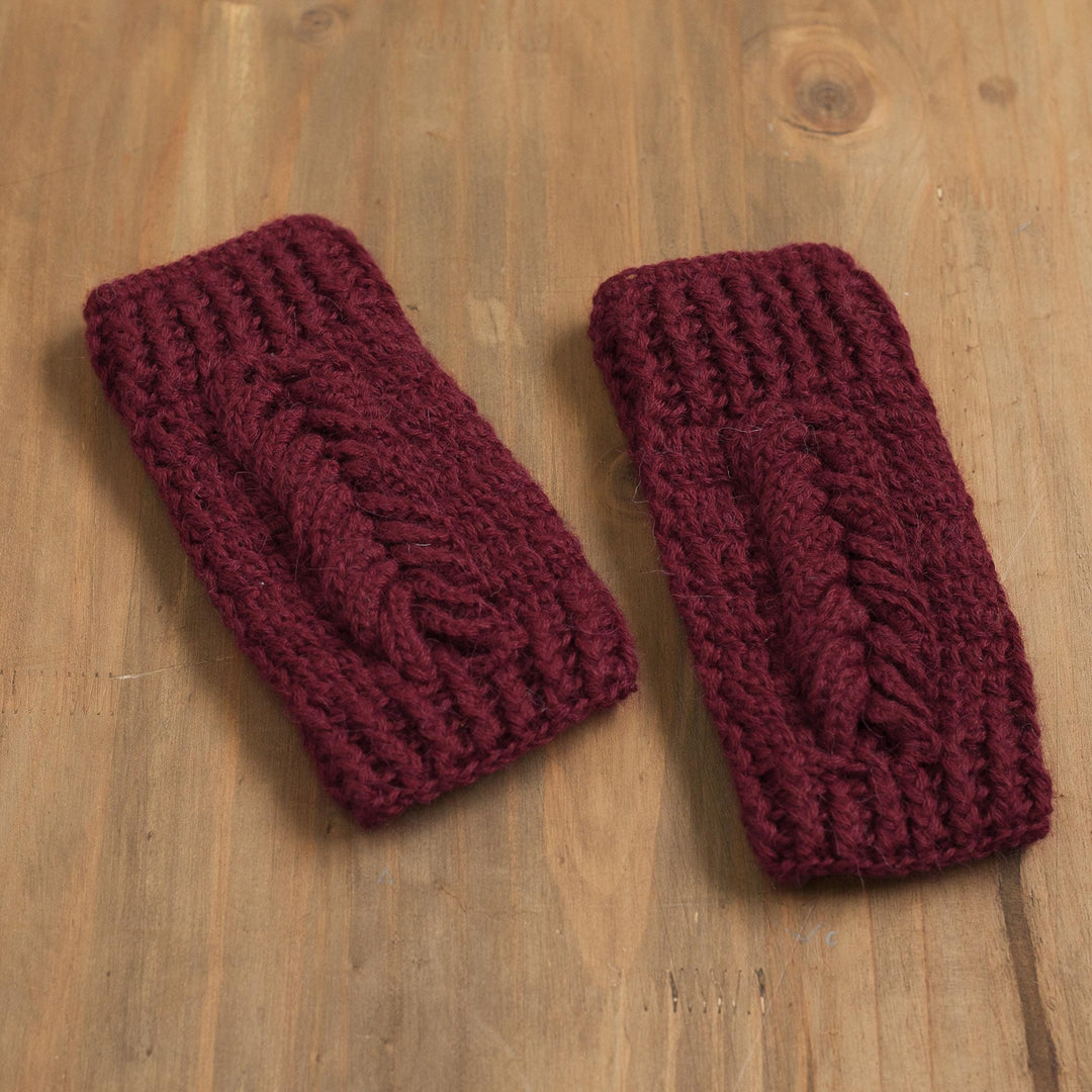 Patterned 100% Alpaca Fingerless Mitts in Wine from Peru - Patterned Style