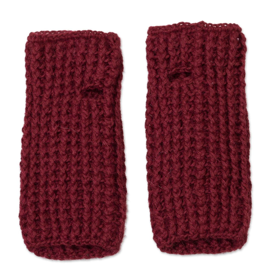 Patterned 100% Alpaca Fingerless Mitts in Wine from Peru - Patterned Style