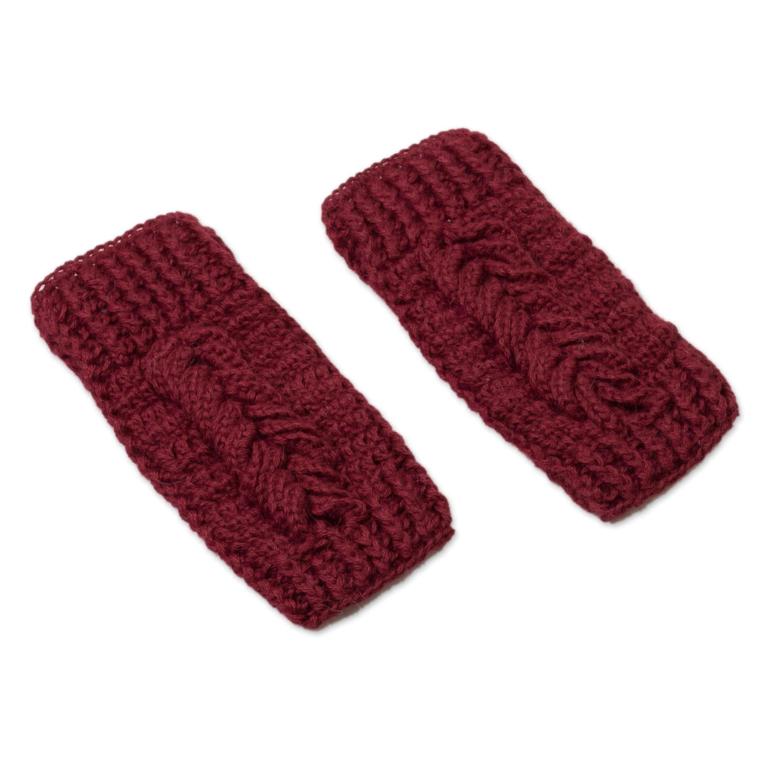 Patterned 100% Alpaca Fingerless Mitts in Wine from Peru - Patterned Style
