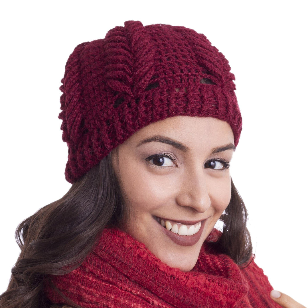 Patterned 100% Alpaca Hat in Wine from Peru - Patterned Style