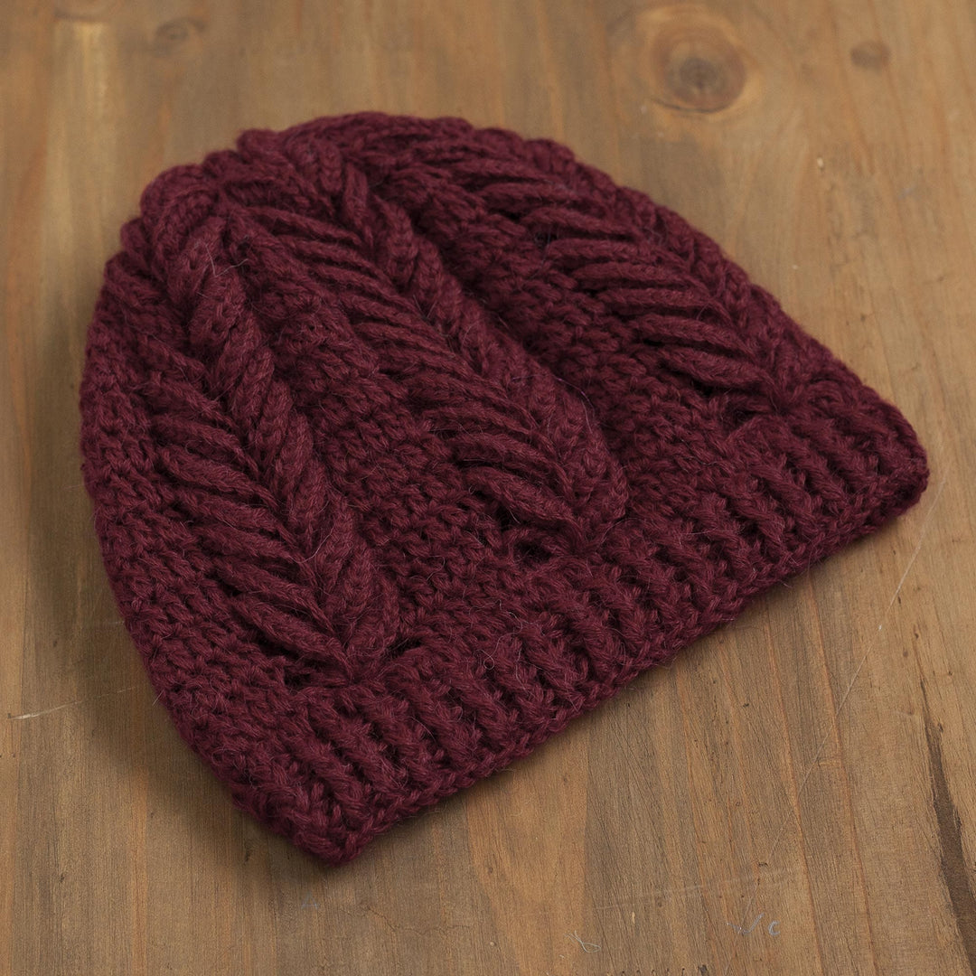 Patterned 100% Alpaca Hat in Wine from Peru - Patterned Style