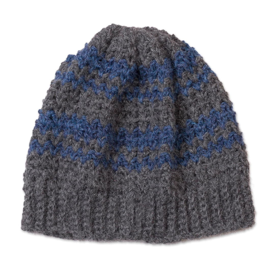 Striped Azure and Graphite 100% Alpaca Hat from Peru - Bold Adventure