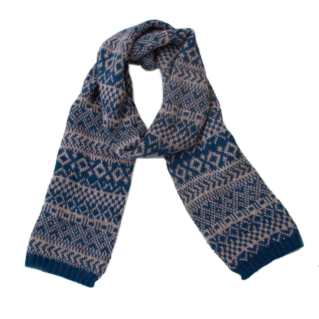 Blue & Grey Geometric Knit 100% Alpaca Wrap from Peru - Geometric Signals