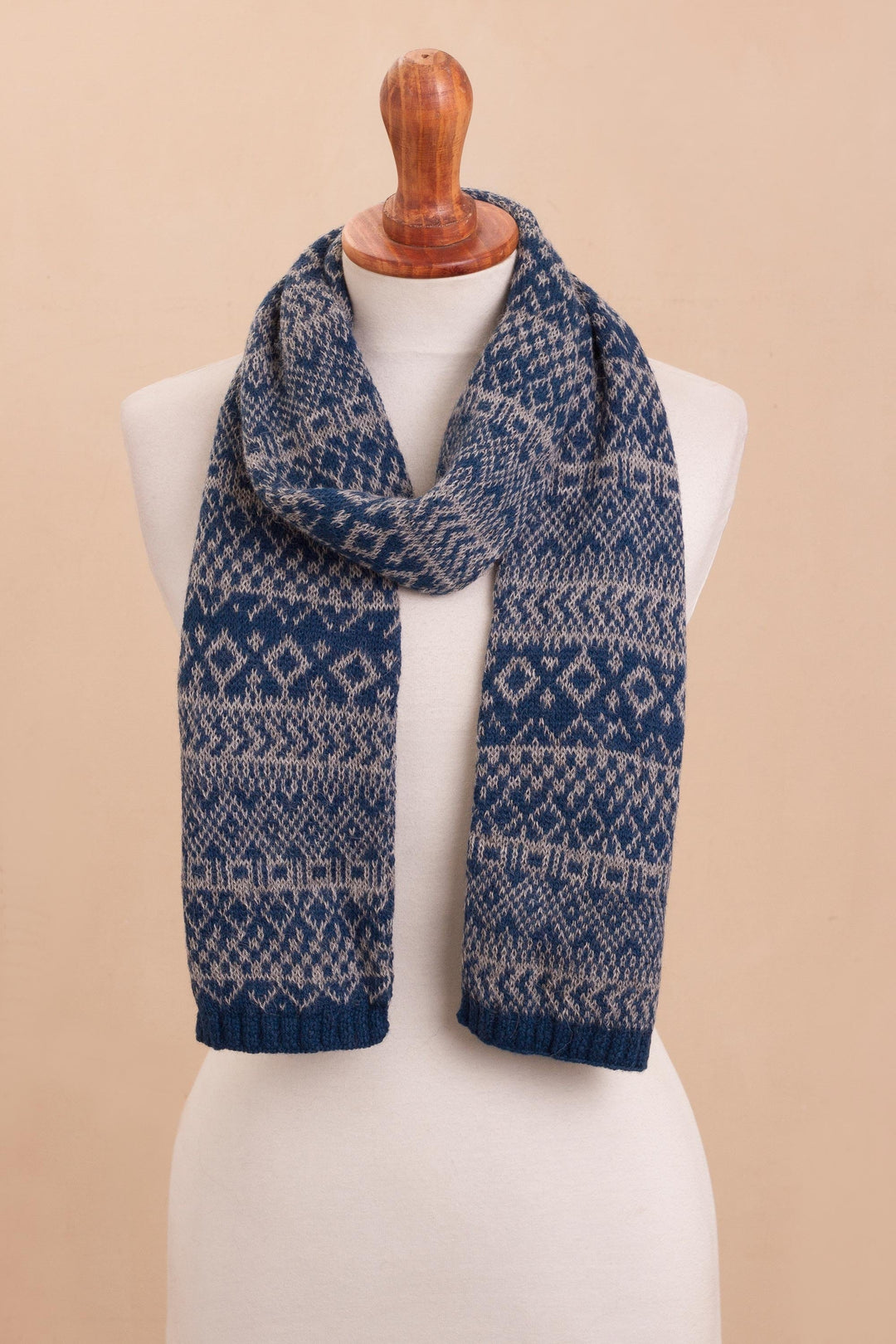 Blue & Grey Geometric Knit 100% Alpaca Wrap from Peru - Geometric Signals
