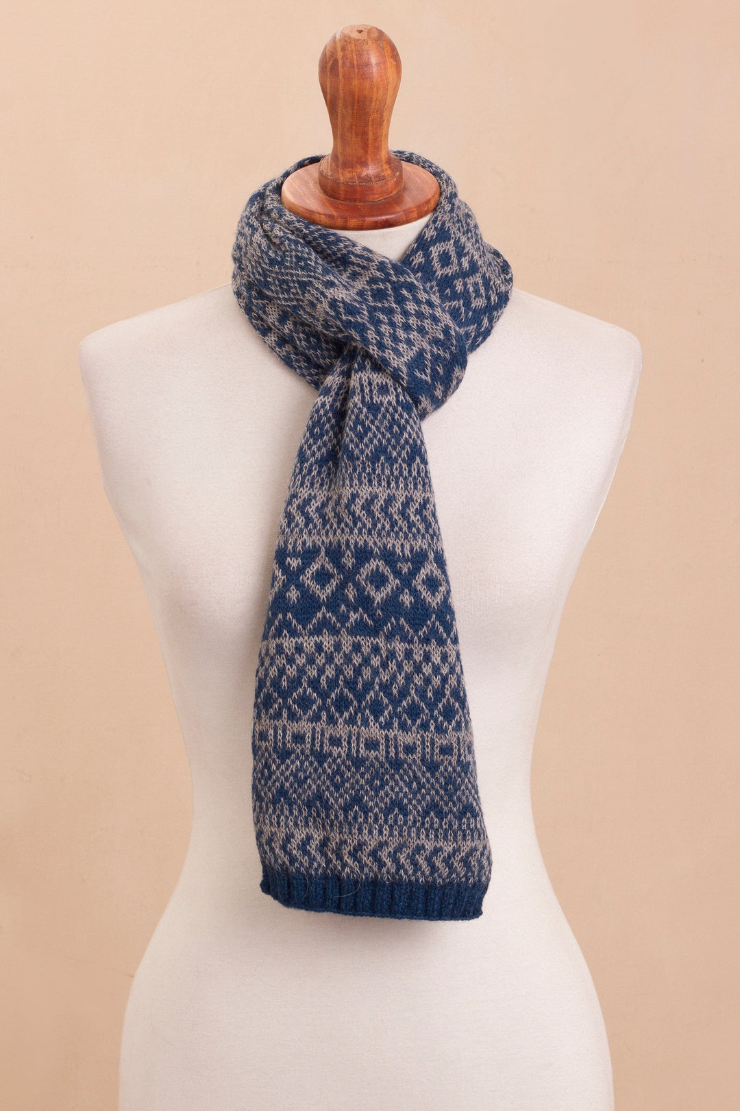Blue & Grey Geometric Knit 100% Alpaca Wrap from Peru - Geometric Signals