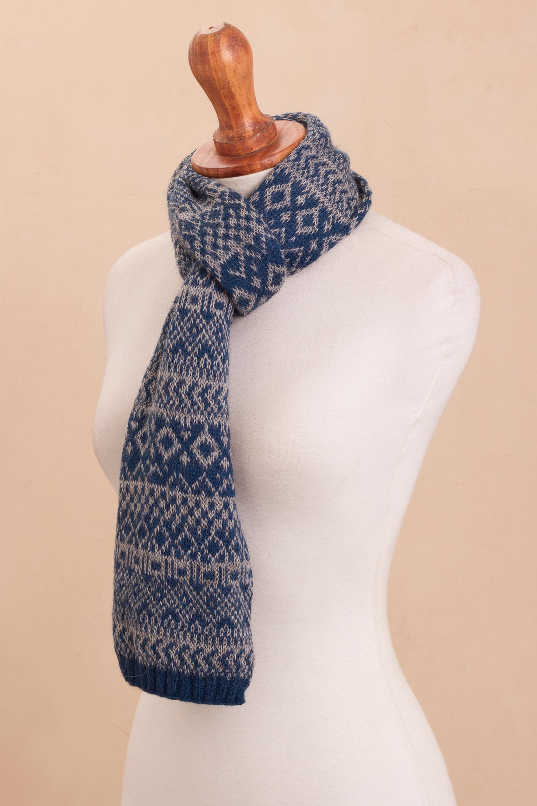 Blue & Grey Geometric Knit 100% Alpaca Wrap from Peru - Geometric Signals