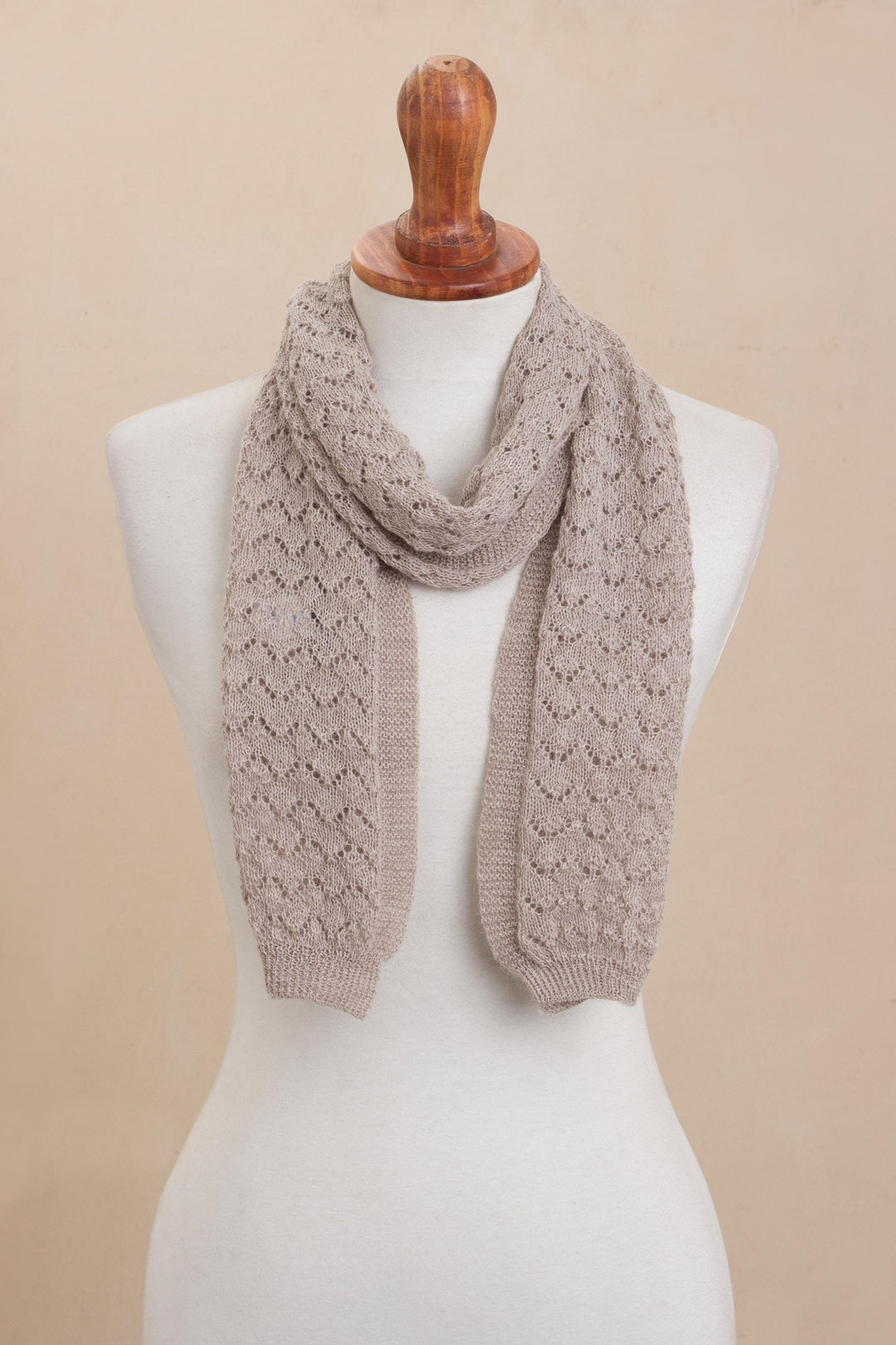 Knit 100% Alpaca Wrap Scarf in Taupe from Peru - Taupe Wind