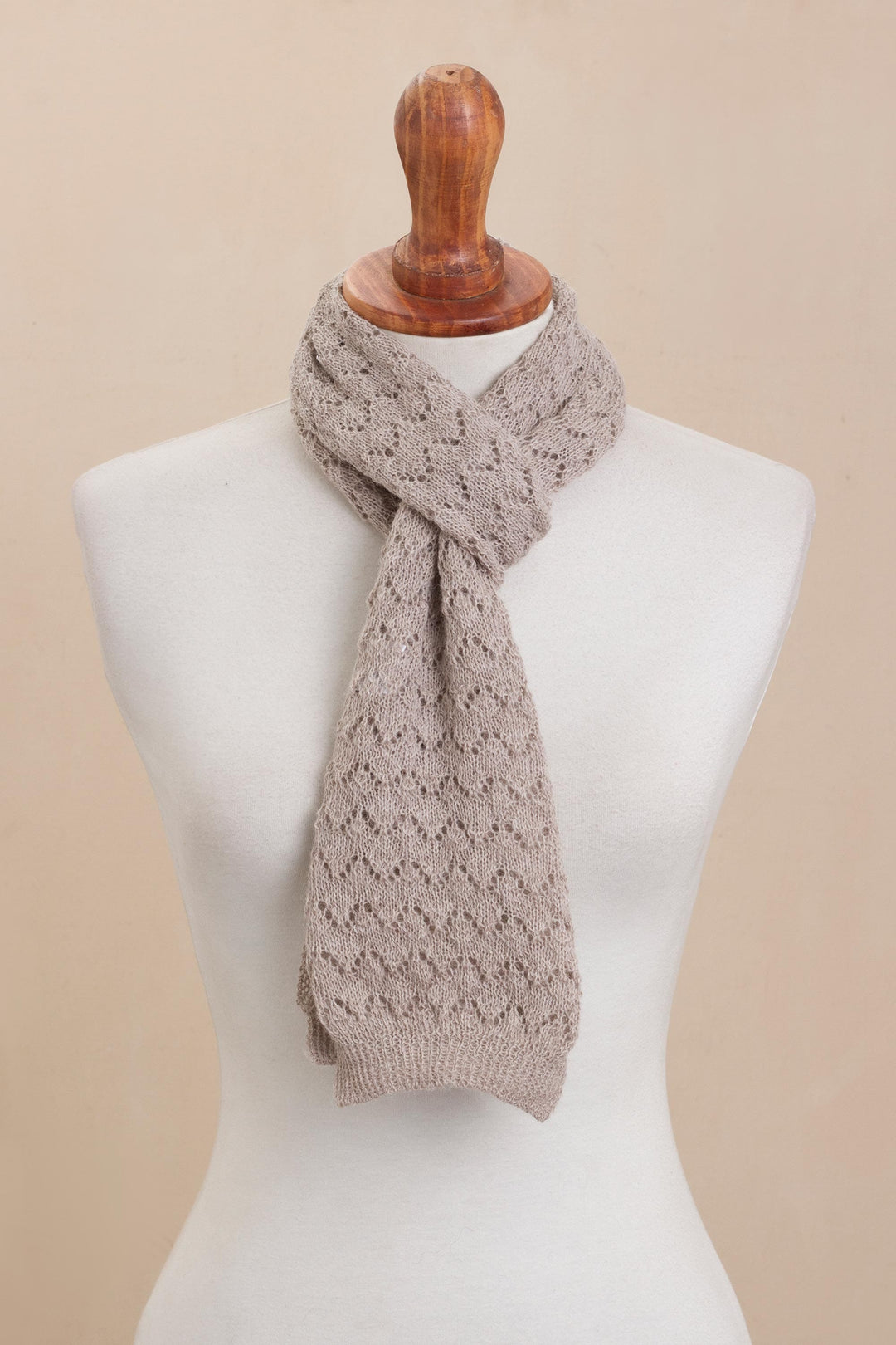 Knit 100% Alpaca Wrap Scarf in Taupe from Peru - Taupe Wind