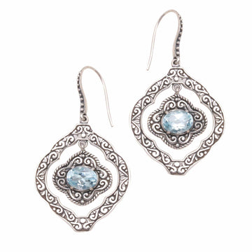 Blue Topaz and Sterling Silver Ornate Frame Dangle Earrings - Delightful Windows