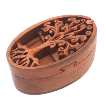 Tree-Themed Suar Wood Puzzle Box from Bali - Tree Oval