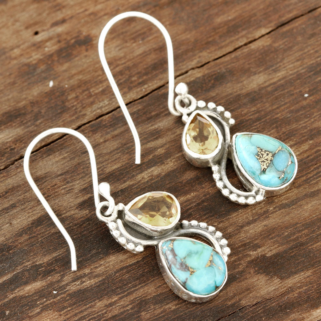 Citrine and Composite Turquoise Teardrop Dangle Earrings - Two Teardrops