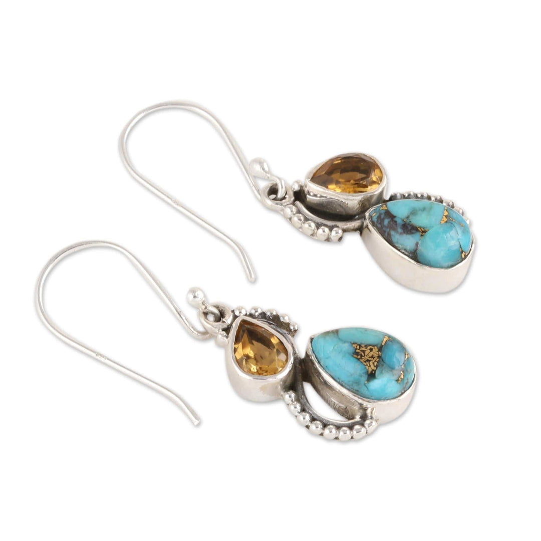 Citrine and Composite Turquoise Teardrop Dangle Earrings - Two Teardrops