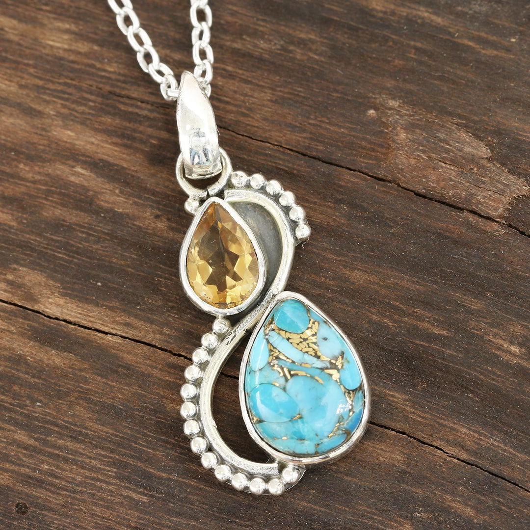 Citrine and Composite Turquoise Teardrop Pendant Necklace - Two Teardrops