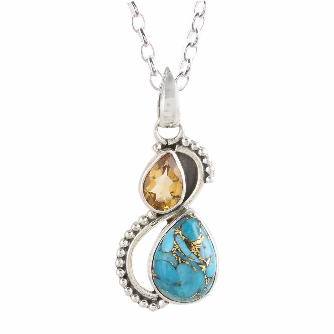 Citrine and Composite Turquoise Teardrop Pendant Necklace - Two Teardrops