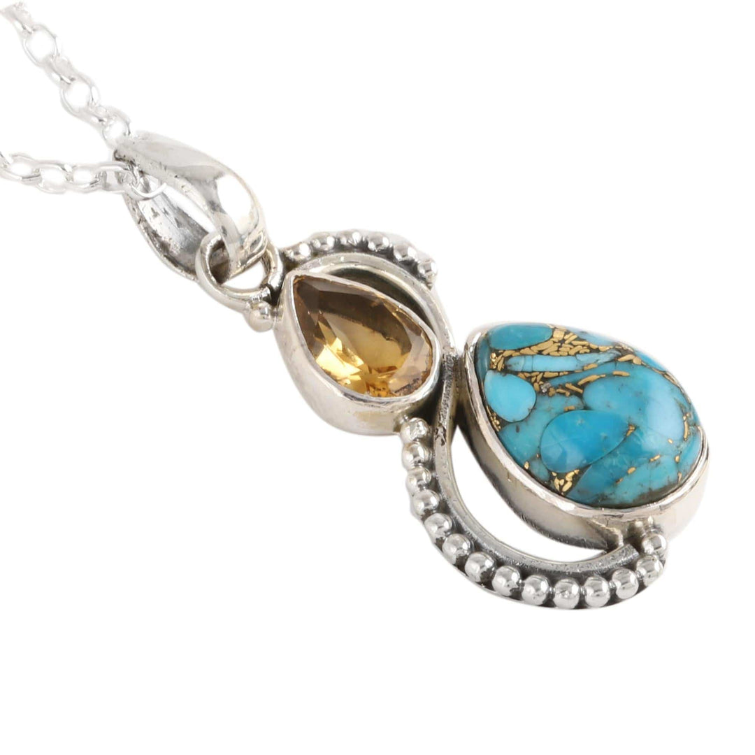 Citrine and Composite Turquoise Teardrop Pendant Necklace - Two Teardrops