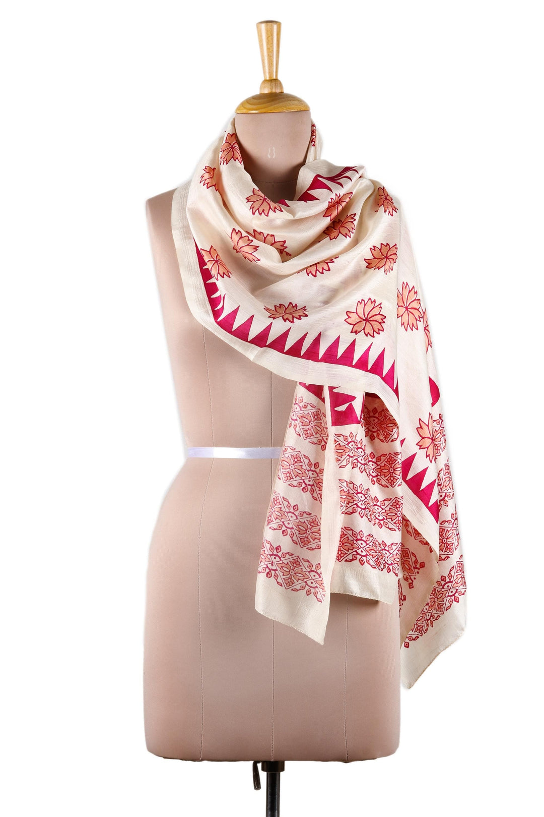 Fuchsia and Ivory Floral Silk Wrap Scarf - Fuchsia Blossoms