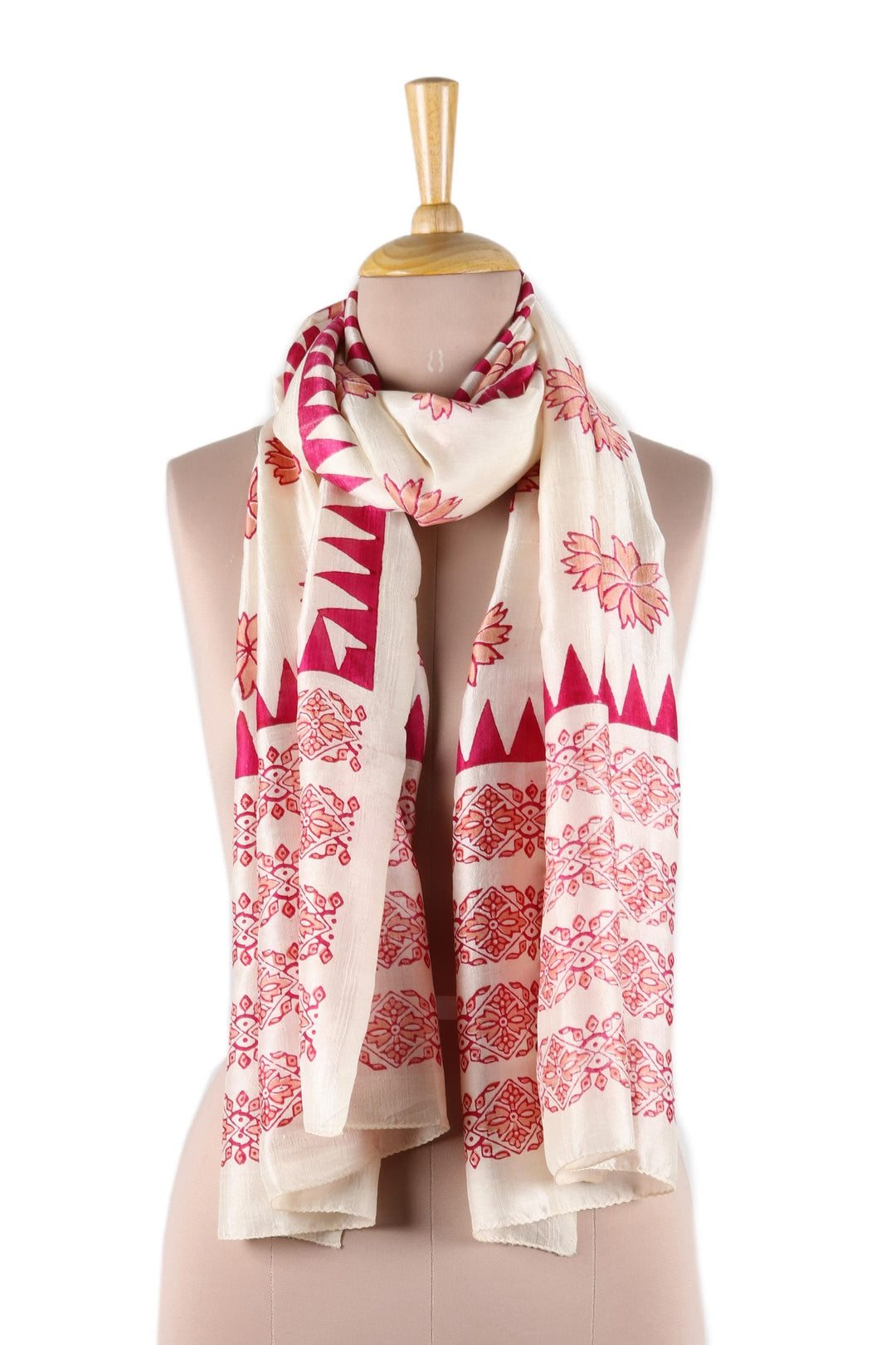 Fuchsia and Ivory Floral Silk Wrap Scarf - Fuchsia Blossoms
