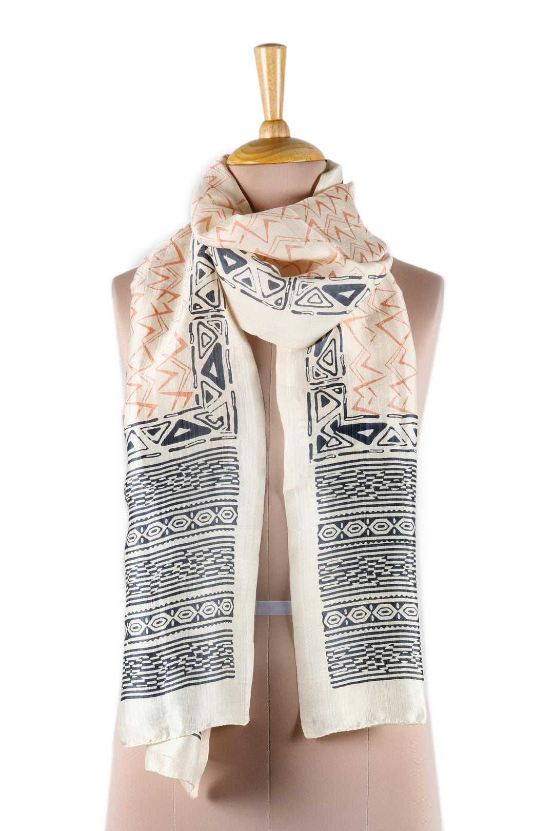 Block-Printed Geometric Silk Wrap Scarf from India - Modern Beauty