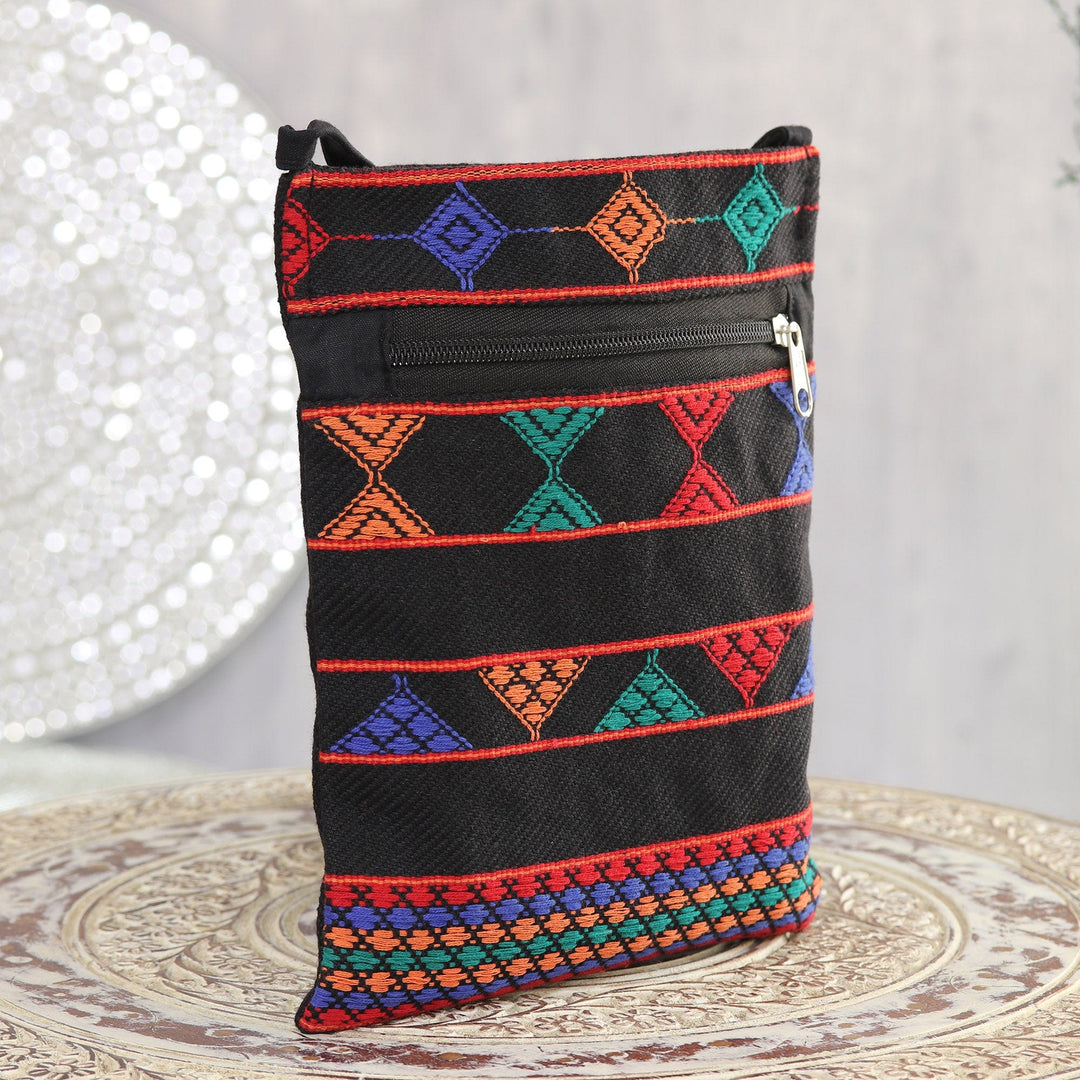 Geometric Cotton Sling in Black and Multicolor from India - Geometric Glory