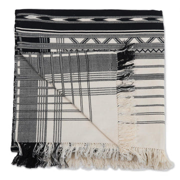 Geometric Striped Cotton Throw in Black and Alabaster - Geometric Elegance in Black