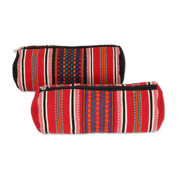 Multicolored Striped Cotton Cosmetic Bags from India (Pair) - Striped Desire