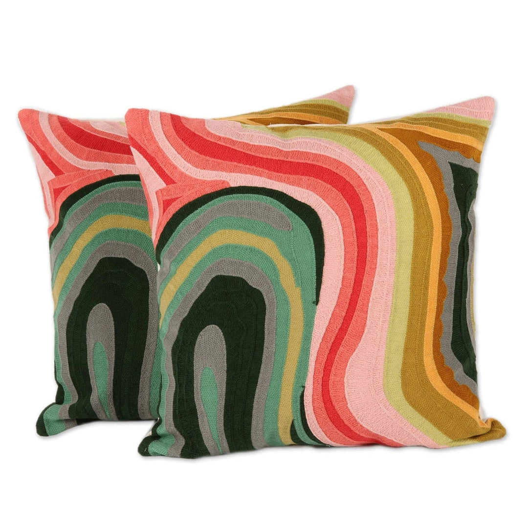Colorful Abstract Embroidered Cotton Cushion Covers (Pair) - Abstract Evening