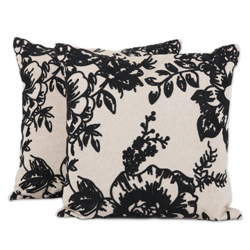 Black Floral Embroidered Cotton Cushion Covers (Pair) - Charming Midnight