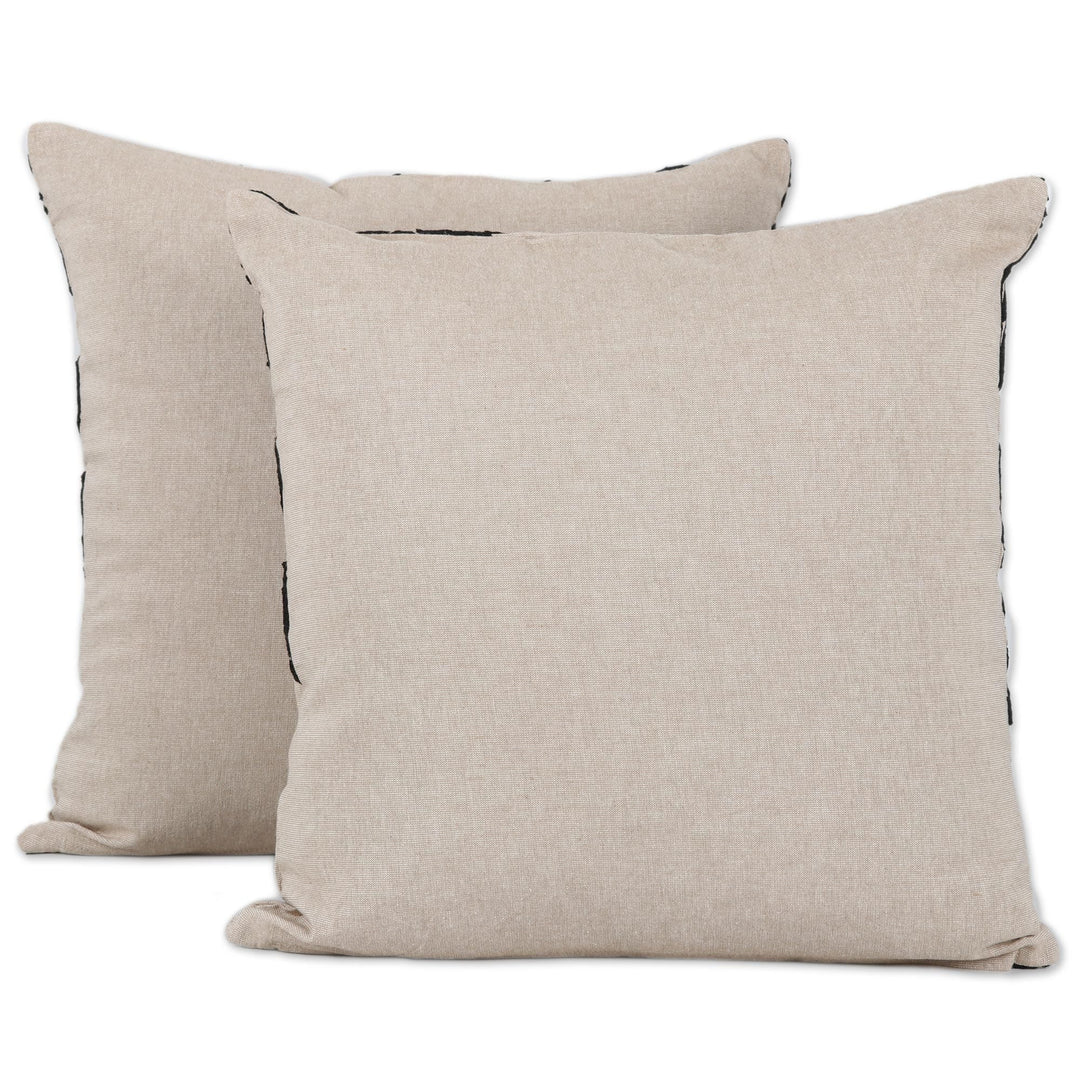 Black Floral Embroidered Cotton Cushion Covers (Pair) - Charming Midnight