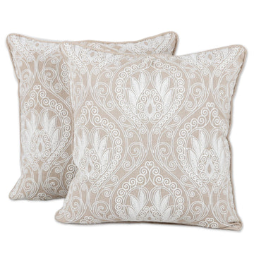 Embroidered Cotton Cushion Covers from India (Pair) - Divine Morning
