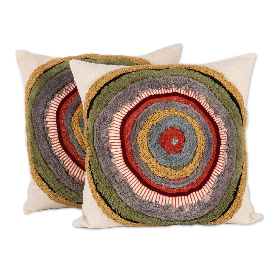 Circle Motif Embroidered Cotton Cushion Covers (Pair) - Abstract Sun